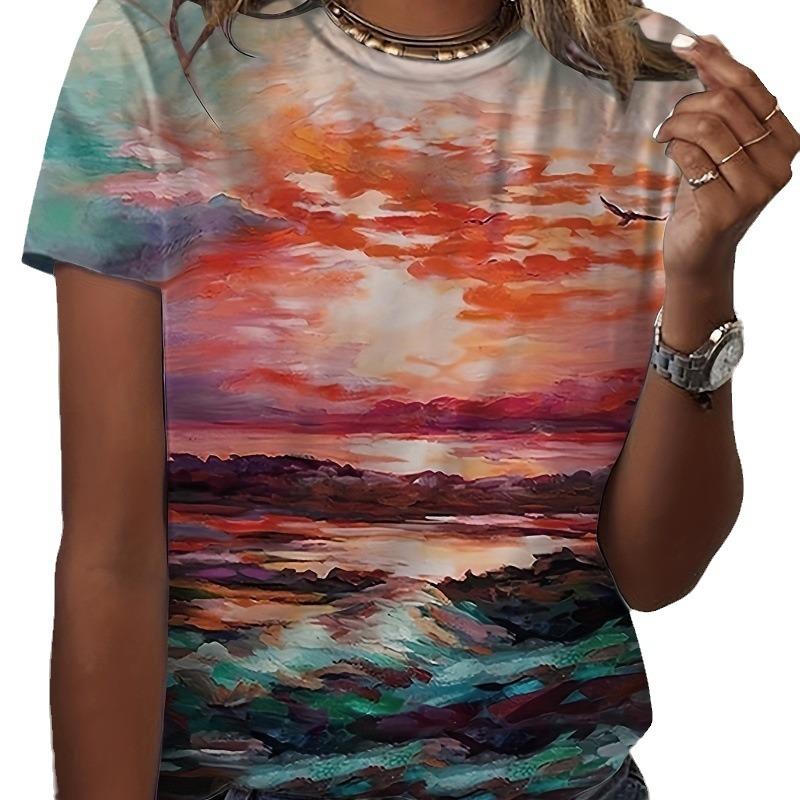 Fashion 3D Digital Printed Cat Pattern Women's Round Neck Short Sleeved T-shirt