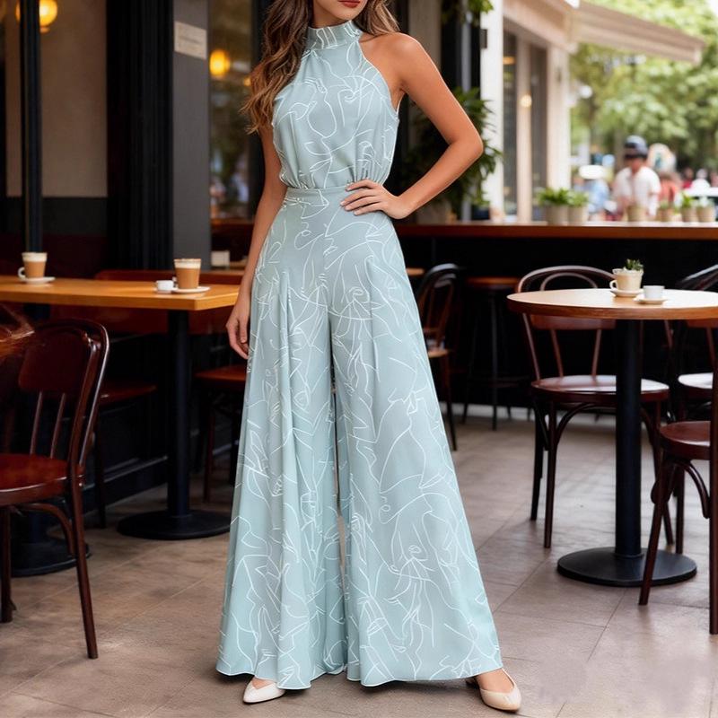 Summer Style Women's Sleeveless Printed Jumpsuit with Tie-Up Wide-Leg Pants