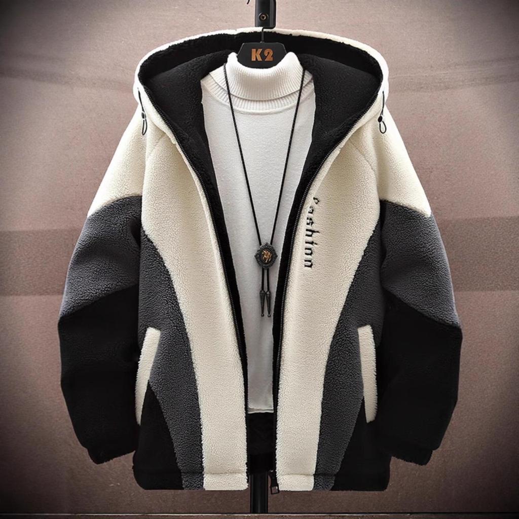 Men's Trendy Cotton Fleece Hooded Jacket - Lambswool Padded Winter Coat for High School Students