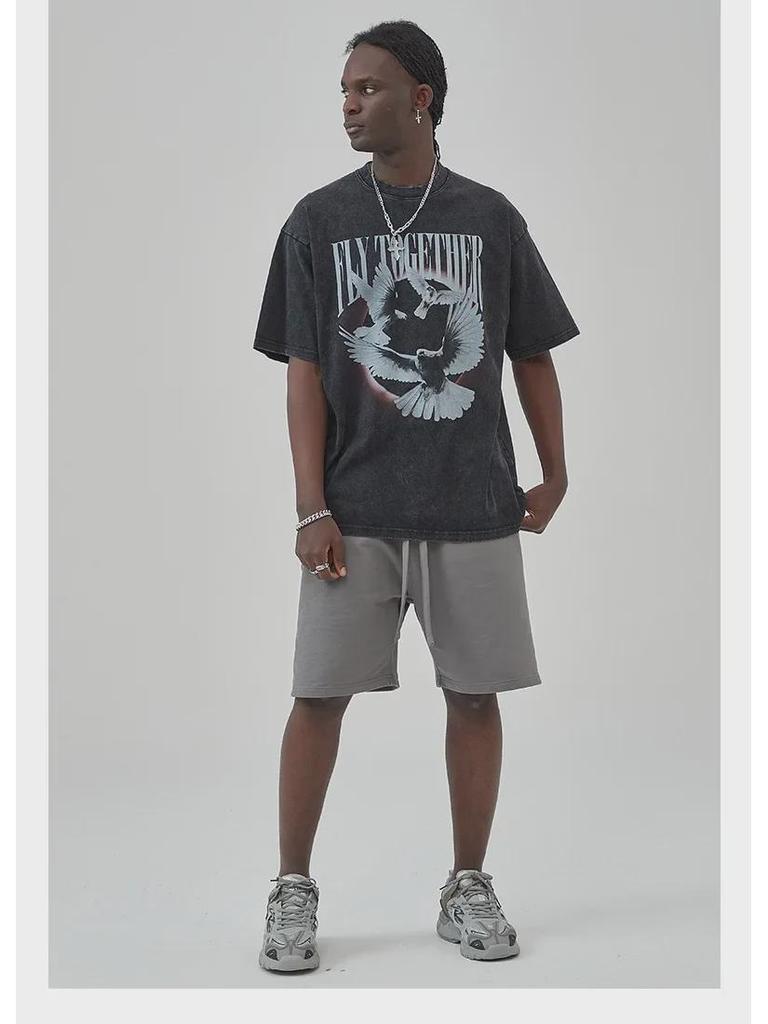 ARTIE Men's Retro Washed Peace Dove Cotton T-Shirt – Distressed Short-Sleeve Streetwear