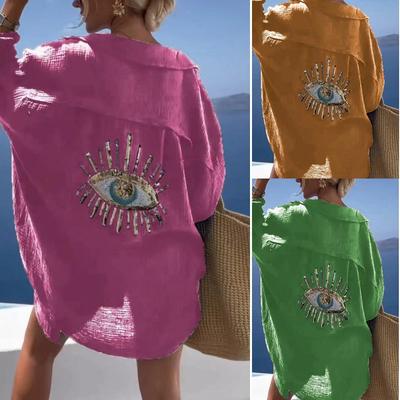 Evil Eye Casual Shirt Women's Fashion Beach Style Loose Button Sunscreen Cotton Linen Shirt Dress Summer Casual Women Top