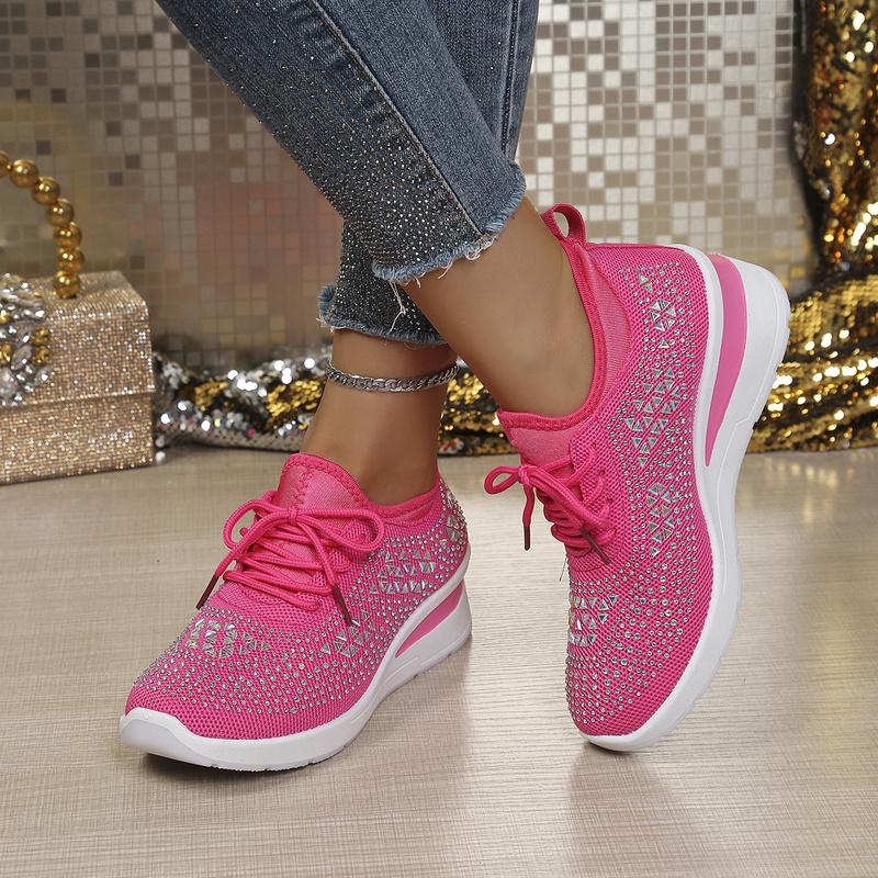 Women Iridescent Rhinestone Platform Sneakers Elastic Breathable Mesh Wedge Non Slip Rubber Sole Sale Shoes With Free Shipping
