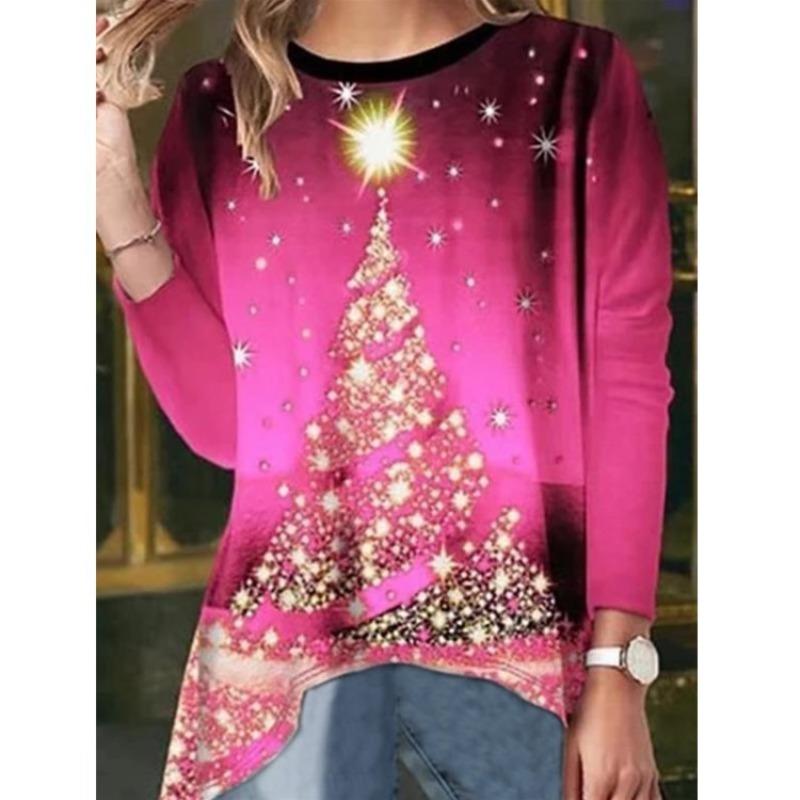 QICED Blusas y camisas informales de manga larga con cuello redondo a la moda para mujer