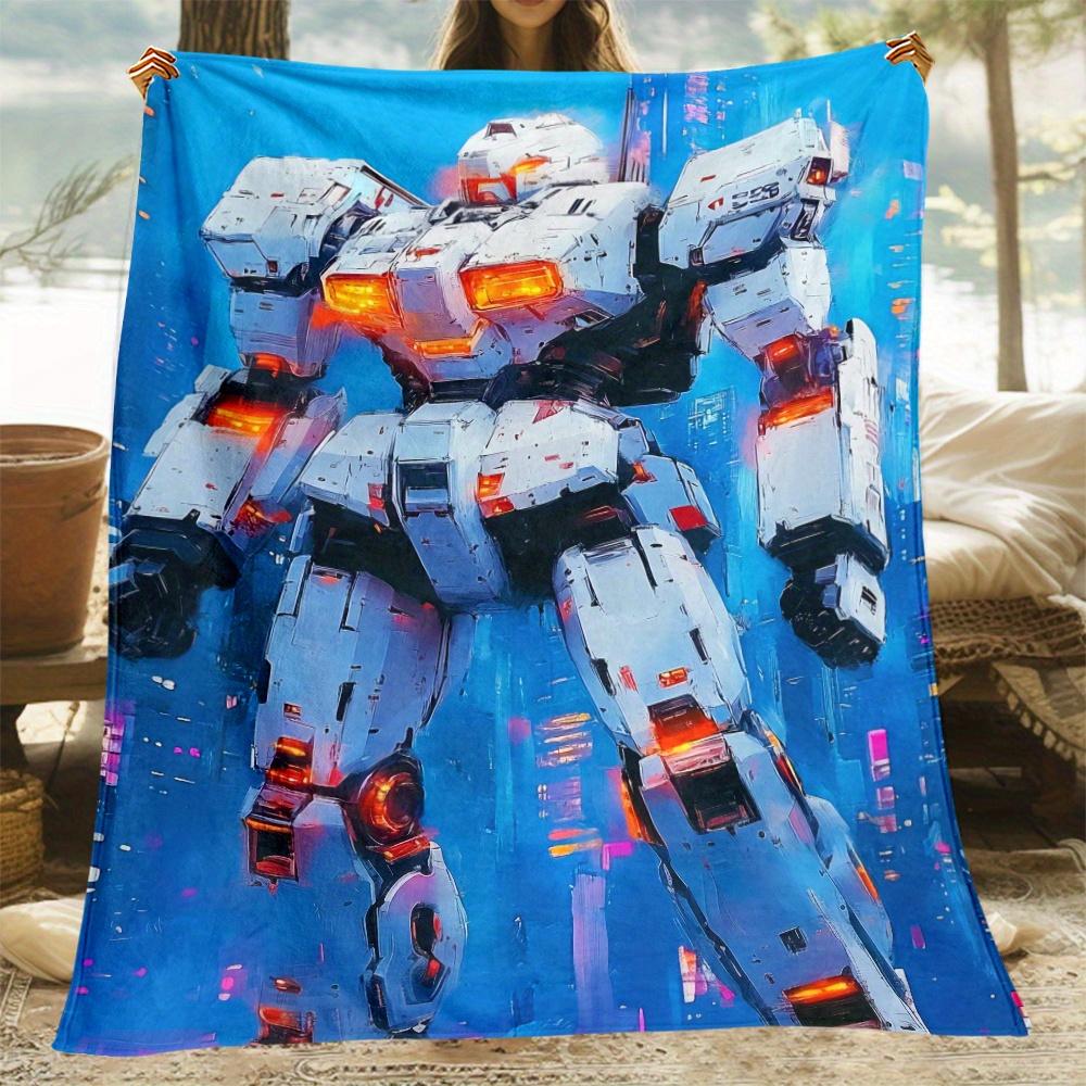 Giant Robot Mecha Sci Fi Flannel Blanket Futuristic Cyberpunk Machine Design Anime Lover Soft Throw Blanket for Boys Gaming Room