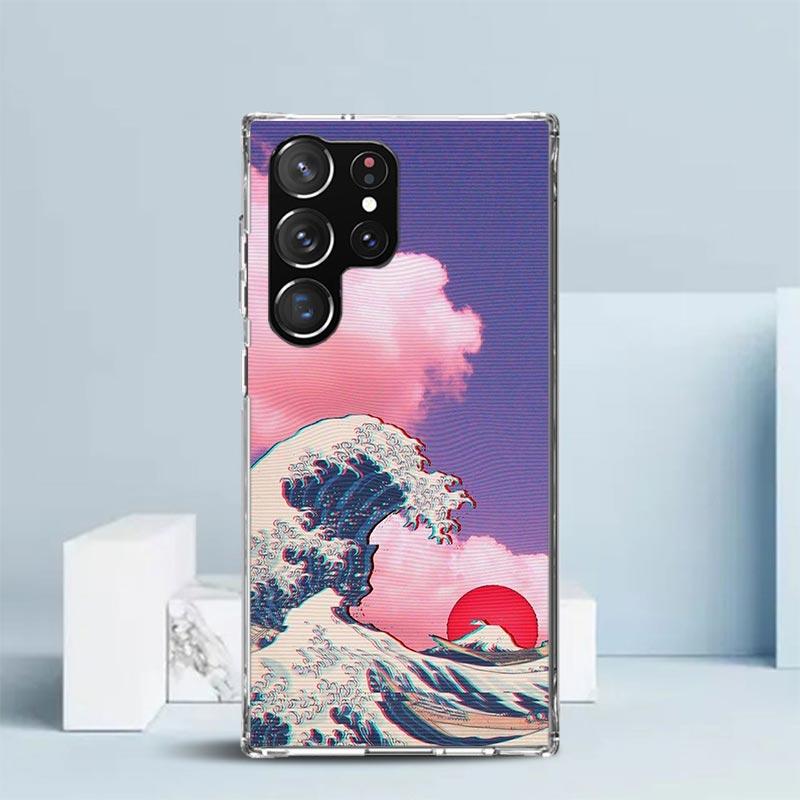 Japanese Style Wave Art Phone Case For Samsung Galaxy S24 S25 Edge S26 Ultra S22 S23 Plus S21 + S20 FE Soft TPU Back Cover Galax