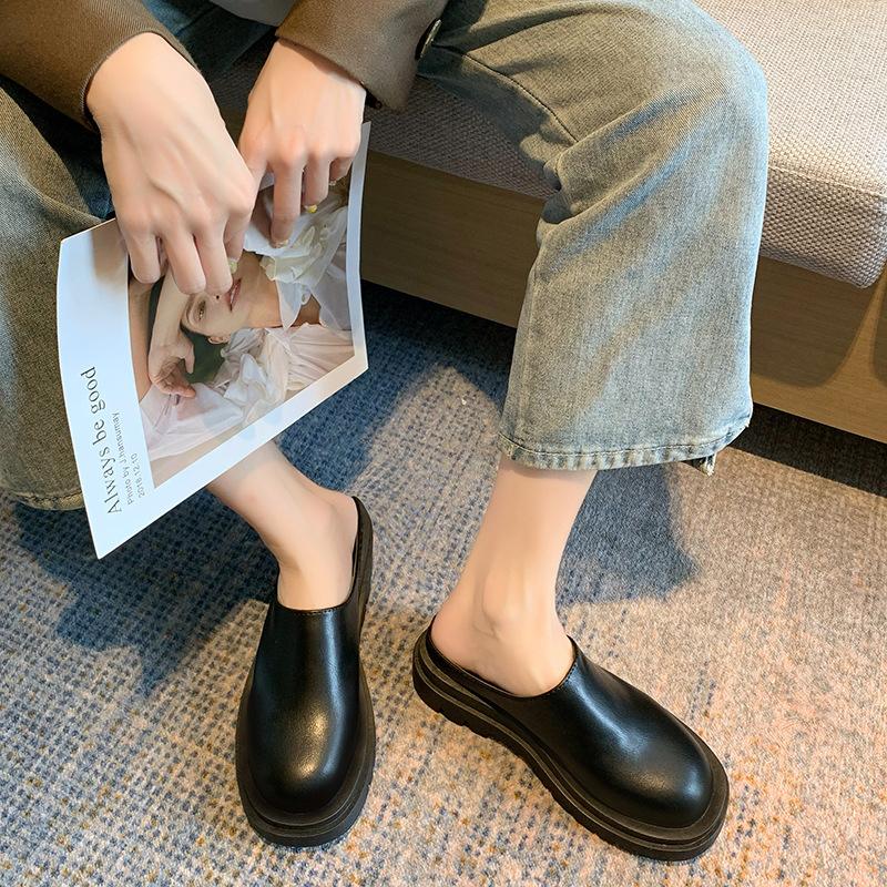 [Large size shoes 43] Baotou half slippers outer wear 2025 summer new thick-soled height-increasing shorty Le Muller leather slippers