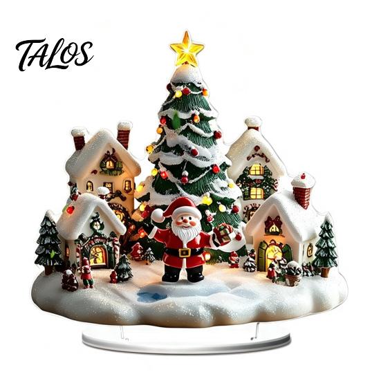 Winter Themed Decorative Art Christmas Acrylic Ornament, 2D Flat Snowy Cottage Ornament with Base, Small for Desk Display Santa Snowman Table