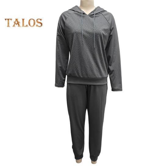 2 szt./zestaw damski bluza z kapturem spodnie garnitur kryształki dekoracyjne długie rękawy patchwork sportowa bluza spodnie z elastycznym pasem fitness strój jesień wiosna dres