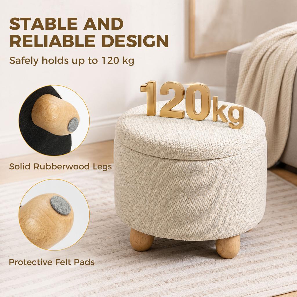 Storage Sitting Bench with Lid, Round Storage Ottoman with Rubberwood Legs, Beige