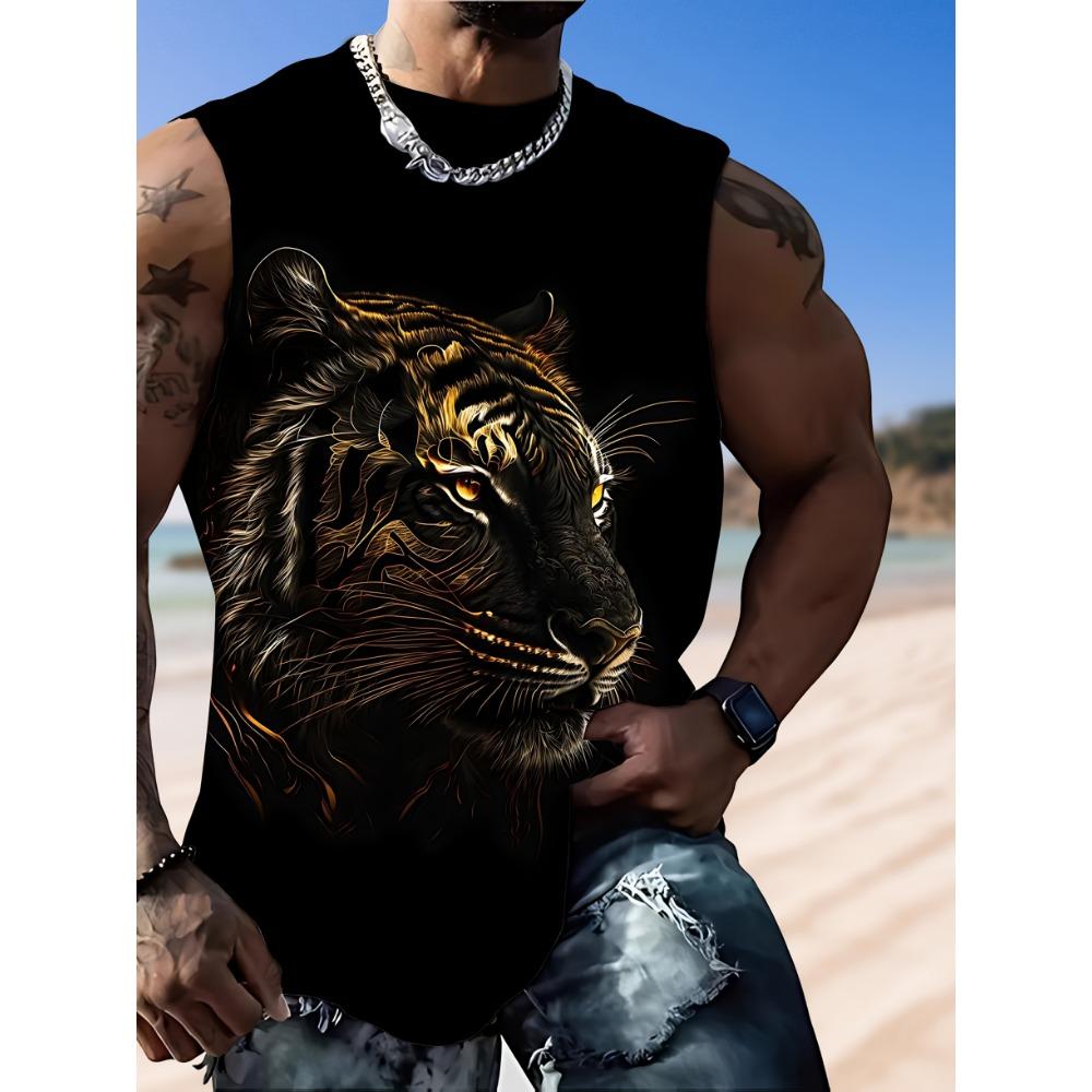 Black Sleeveless Overbearing Tiger Head Print Vest: Fashionable Individual Trendy Style, Plus Size S