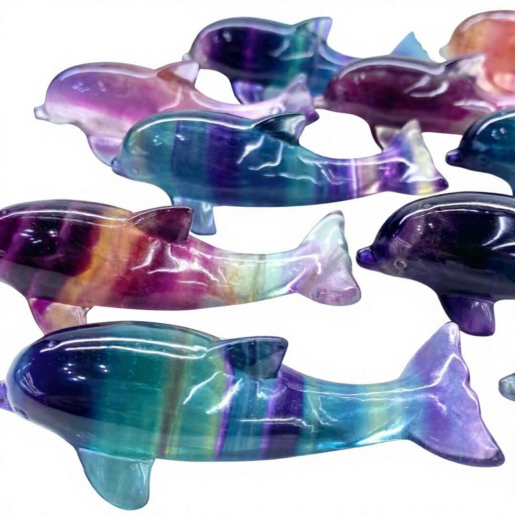 Natural rainbow Fluorite Dolphin Ornament Healing Carving Crystal Animal for Home Decoration 8cm
