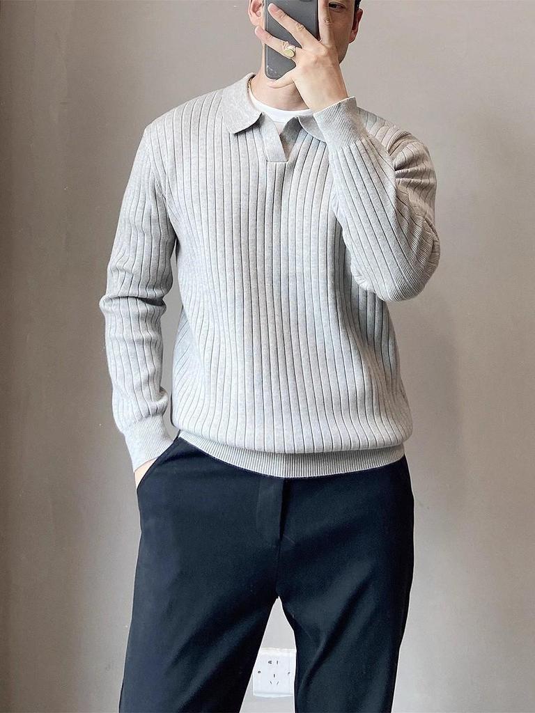 Sweater Raffiné pour Homme en Maille Blanche à Revers - Manches Longues Automne/Hiver Couche de Base Style Tendance