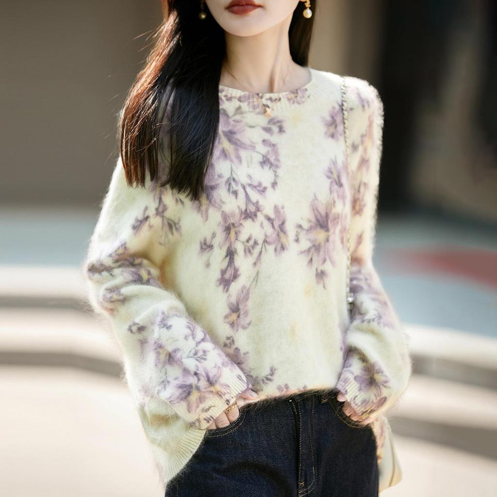 Autumn/Winter 2026 Women's Printed Knit Wool Sweater - Seamless, Plush, Loose Fit, Long Sleeve Top.