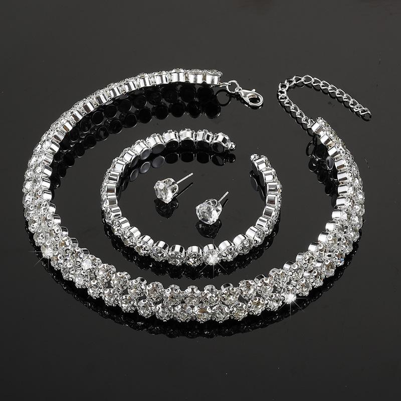 Bridal Diamond Collar Set Jewelry Full Diamond Crystal Necklace Earrings Bracelet Three-piece Set