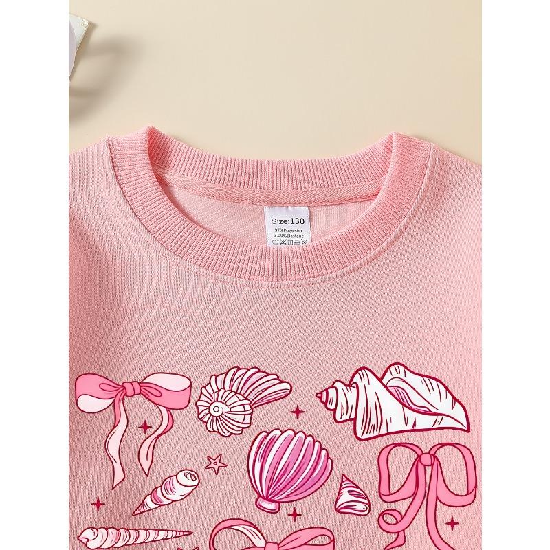 European Sizes Girls Soft Crewneck Sweatshirt Pink Seashells Bows Stars Pattern, Casual All-Match, Ideal Holiday Present