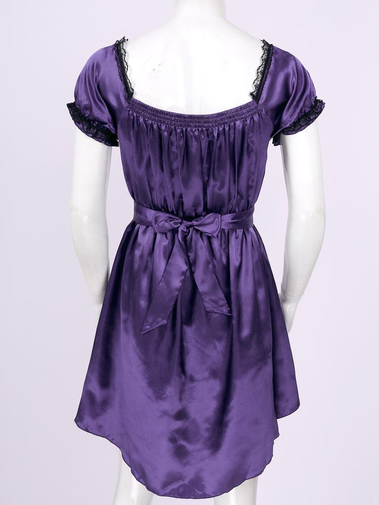 Mens Short Sleeve Square Neckline Shiny Soft Satin High Low Design Crossdress Lingerie Dress with Sash Nightwear Underwear