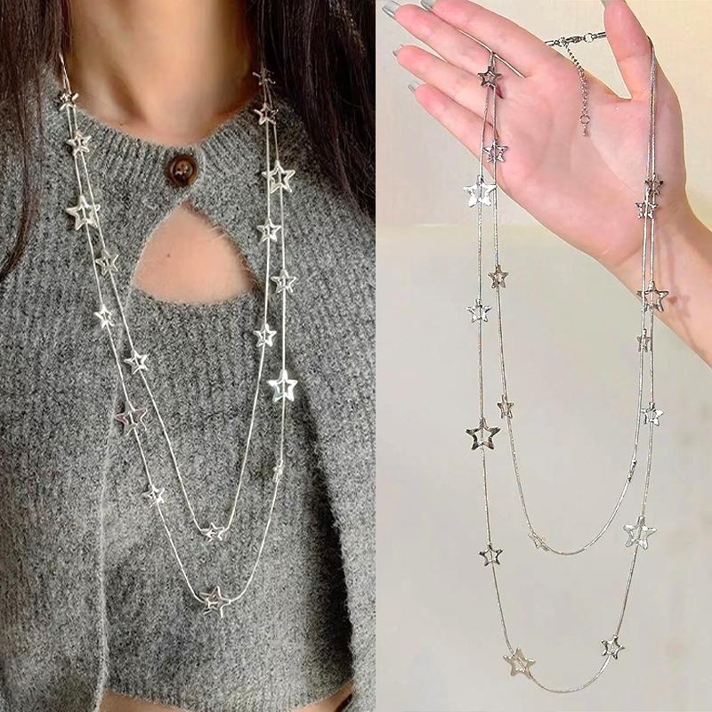 Korean Y2K Pentagram Five Star Pendant Necklace Silver Color Punk Long Chain Necklace Double Layer Y2K Jewelry Neck Chain Choker