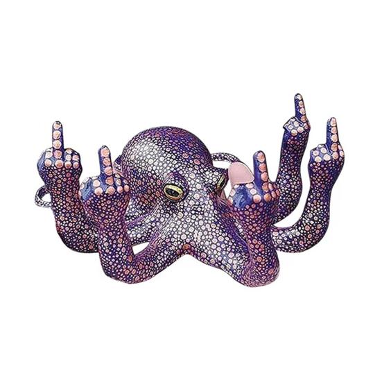 Luminous Gesture Octopus Statue, Resin Octopus Figurine, Middle Finger Octopus Statue, Sea Animal Octopus Decoration for Home Office Desktop