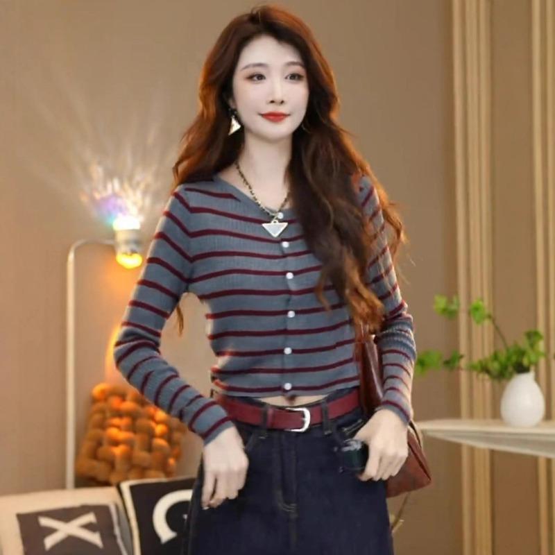 Striped Knitted Bottoming Shirt Women's Early Autumn Outer Cardigan Versatile Long-sleeved Top