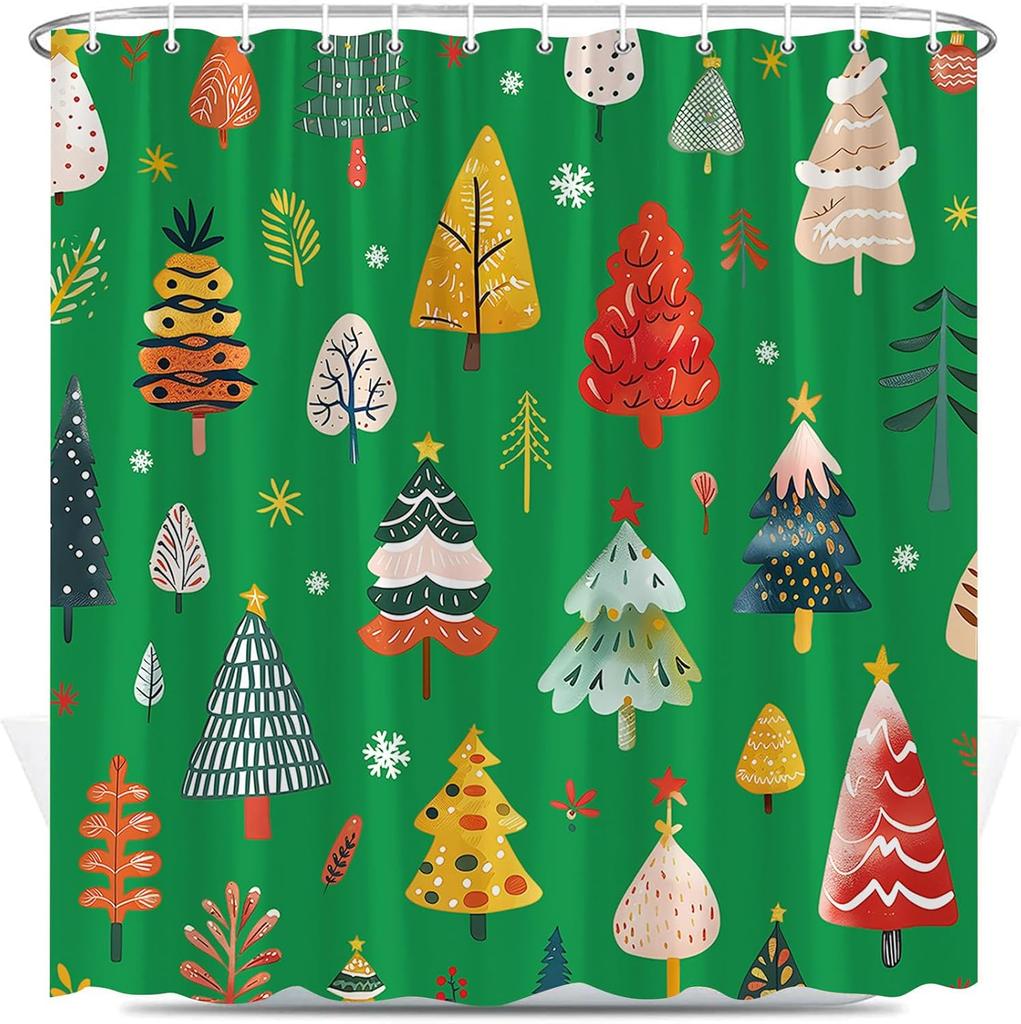 Christmas Tree Shower Curtain Cartoon Xmas Trees Winter Snowflake Cute Pine Fir Happy New Year Holiday Polyester Fabric Bathroom