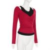 2025 Spring Autumn Vintage Short Top Sexy Color Block Fake Two-piece Long Sleeve T-shirt for Women Casual Slim Lace Splicing Red Crop Tops Female