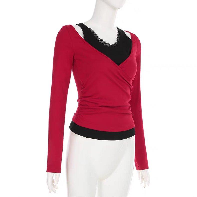 2025 Spring Autumn Vintage Short Top Sexy Color Block Fake Two-piece Long Sleeve T-shirt for Women Casual Slim Lace Splicing Red Crop Tops Female