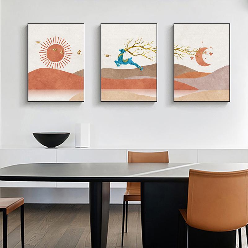 Nordic Landscape Poster Wall Art Canvas Print Picture Mountain Deer Moon Sunrise Modern Abstract Painting for Living Room Decor