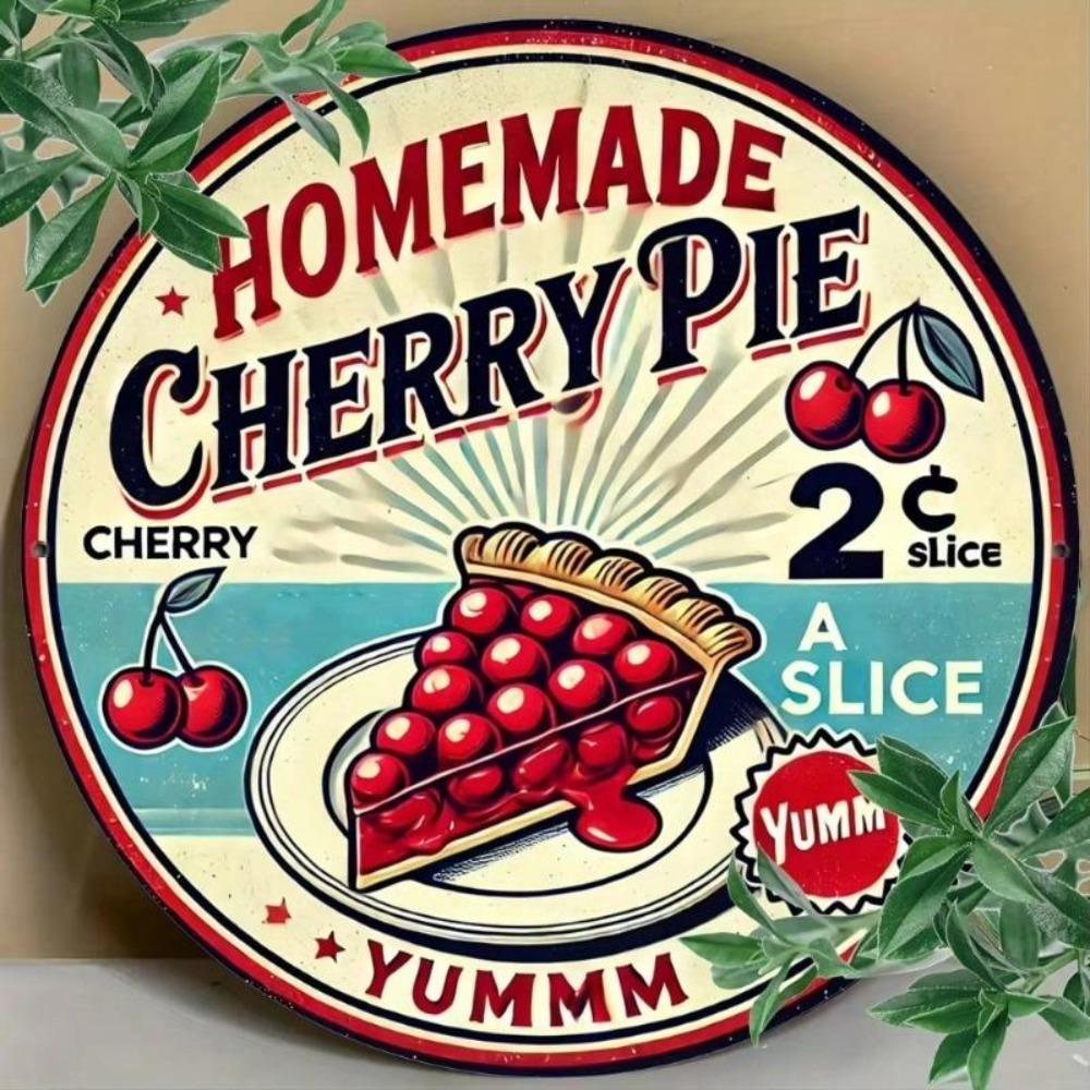 Vintage Cherry Pie Metal Tin Sign Round Aluminum Wall Art Kitchen Decor