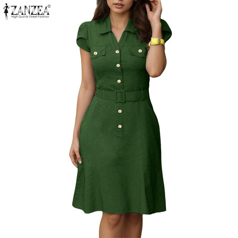 ZANZEA Women Classic Collar Summer Casual Short Sleeve Dress