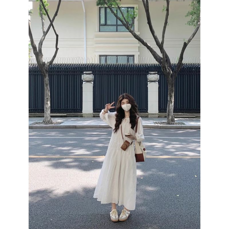 Kumikumi French style Heavy Industry Embroidery Lace-up Long sleeve dress Women Autumn New Age-Reducing Loose Slimming Long dress