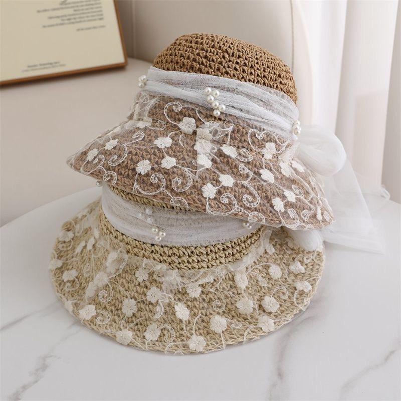 Women's French Lace Pearl Hollow Grass Sun Hat Spring Summer Floral Beach Vacation Sunshade Hat
