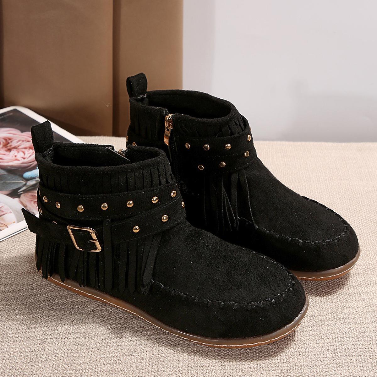 

Модные короткие женские сапоги с заклепками и бахромой 2024 года, осень-зима, новые однотонные короткие женские сапоги с пряжкой на низком каблуке, прилив 36 чёрный