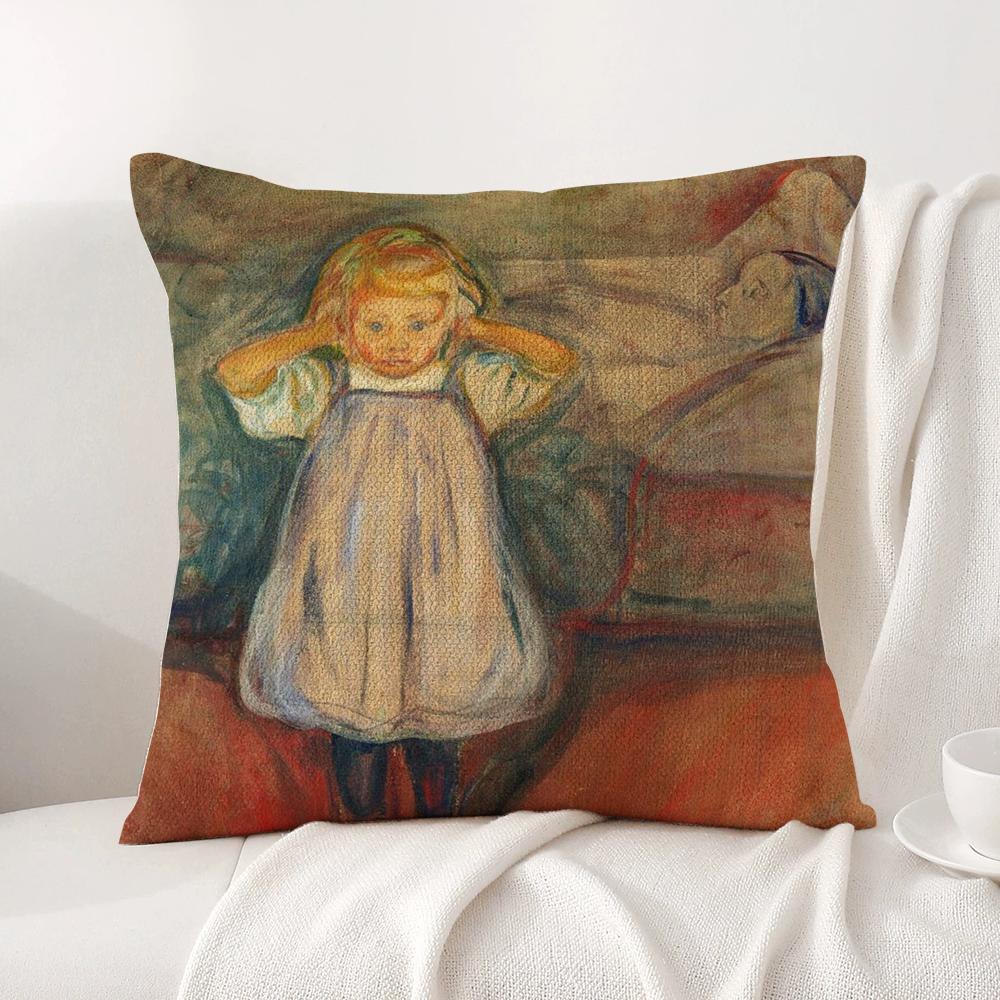 E-Edvard M-Munch Anxiety Cushion Cover Summer Coolness Linen Fabric Double-Sided Printing Pillow Case Sofa Home Decor Gift
