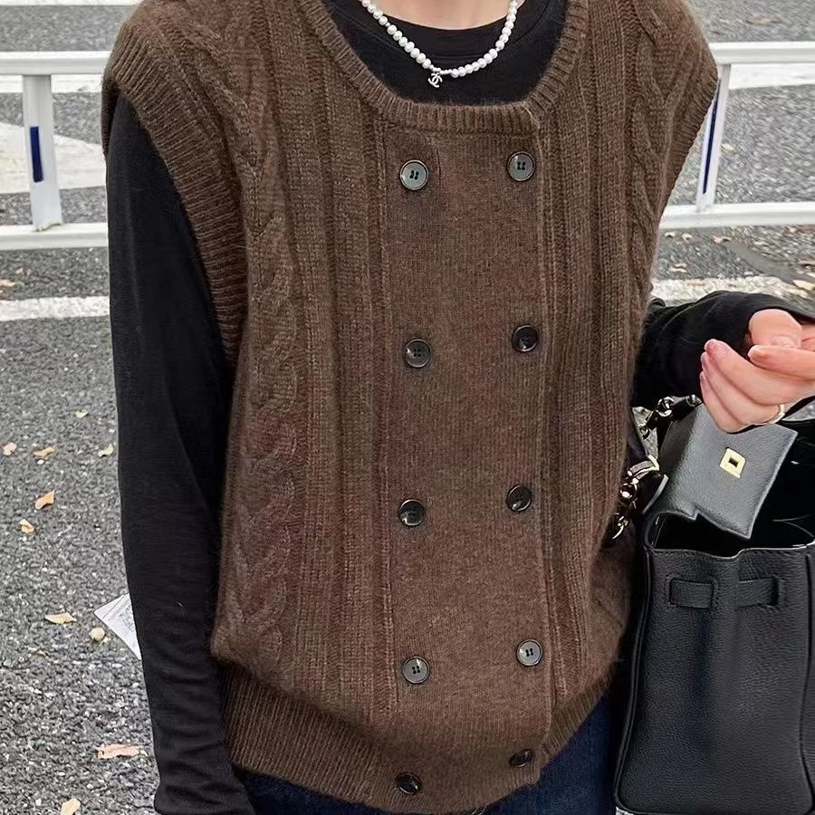 Round Neck Knitted Cardigan Vest Women's Spring Autumn Loose Outerwear Cable Knit Sweater Waistcoat