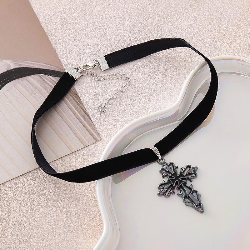 

European & American Dark Style Velvet Choker with Hollow Cross Pendant