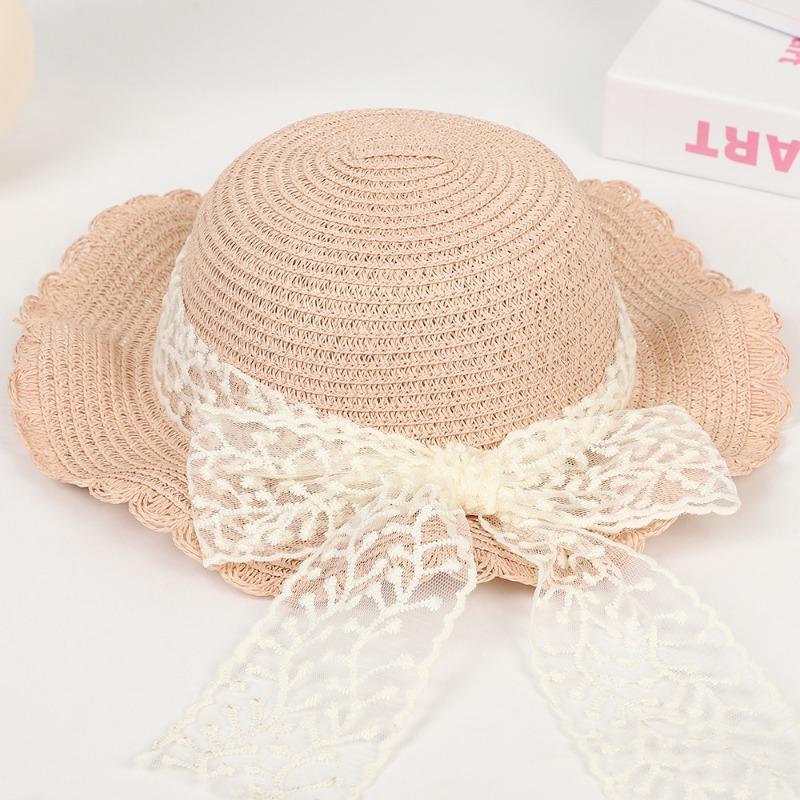 

Новая кружевная лента соломенная шляпа женская летняя солнцезащитная шляпа от солнца приморская тень идиллическая шляпа children s hat, hat circumference is about 55cm розовый