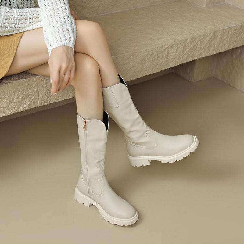 Autumn and Winter Round Head Medium Heel Large Size Fashion Boots Women's Square Heel Solid Color Side Zipper Thick Bottom Non-slip New Round H
