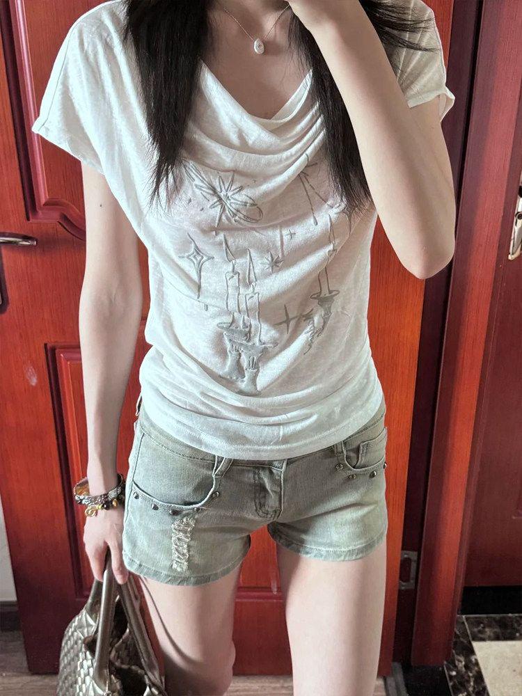 

Snowflake Cotton American Style White Candle Print Swing Collar Short Sleeve Women s Summer Slimming T-shirt XL белый