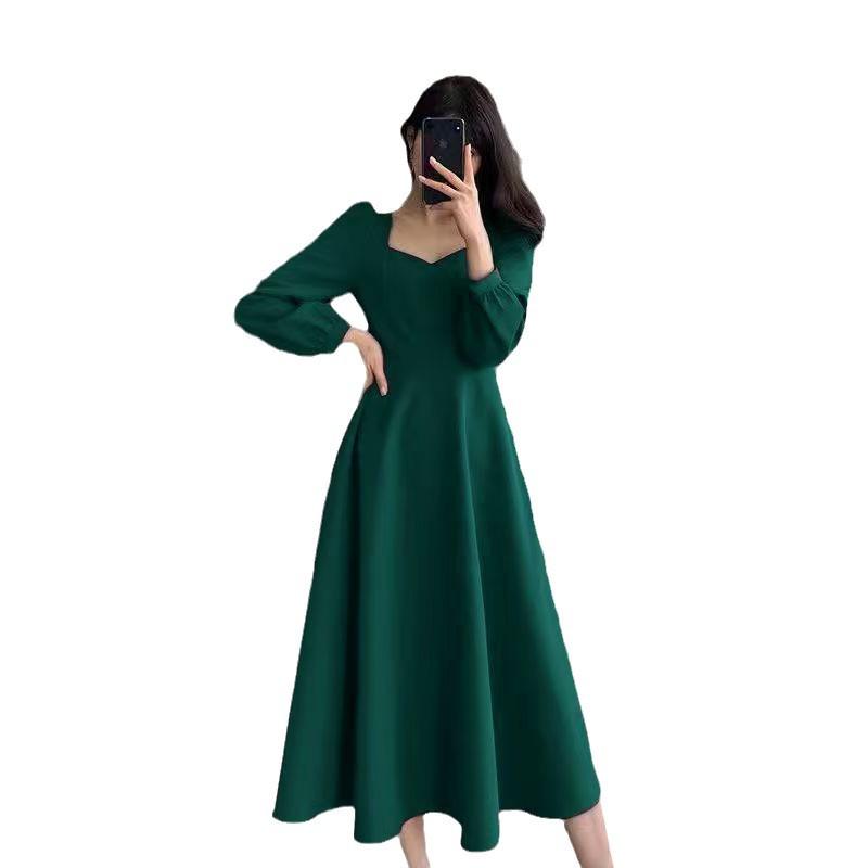 Hepburn-Style Retro V-Neck Black Dress for Women, 2025 Spring/Autumn, Long Over-the-Knee Length