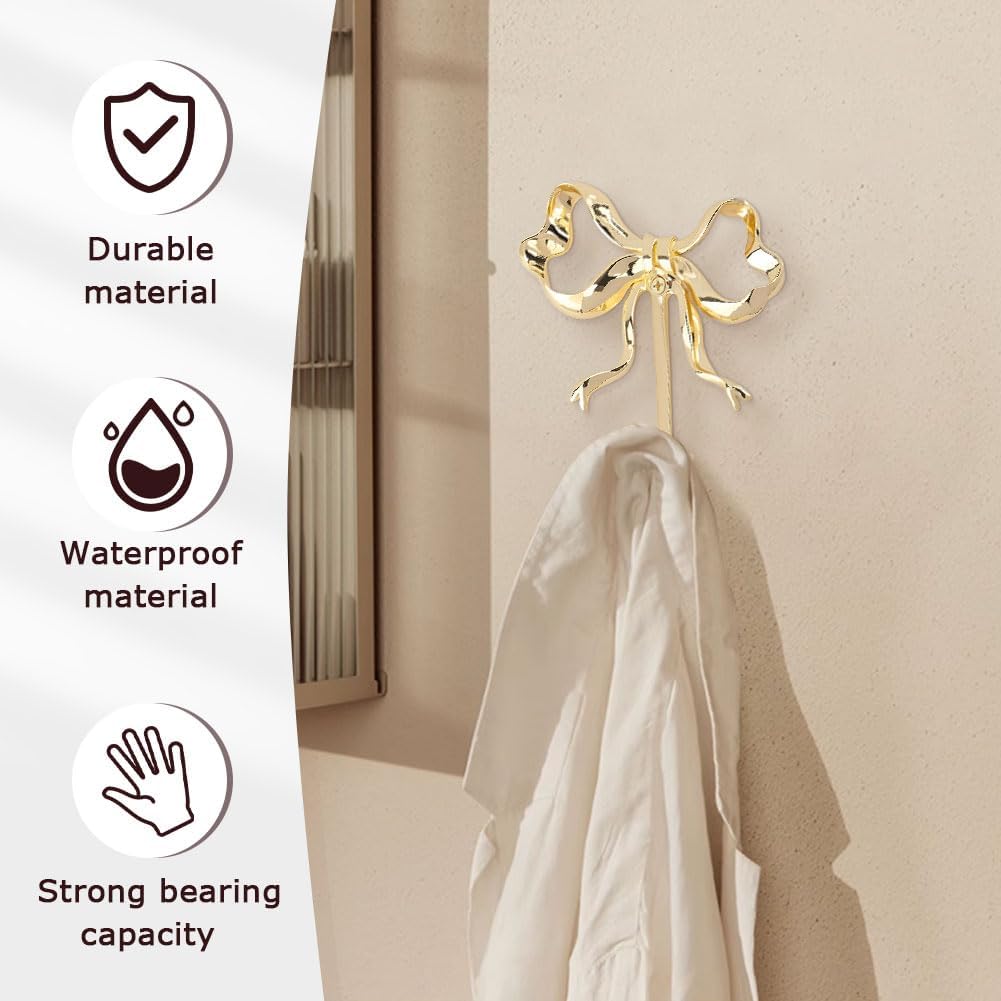 Gold Bow Wall Hook, 2Pcs Large Size Coat Hook, Metal Hook Bow Hooks for Coats, Hats, Bags, Bath Towels and Room Decorations, for Wedding Bathroom
