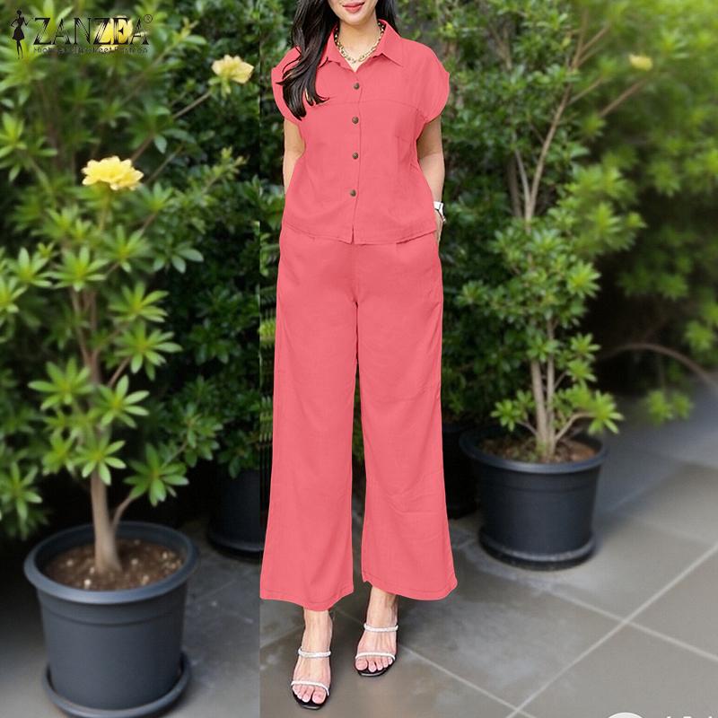 ZANZEA Women Short Sleeve Blouse and Pants Summer Two Piece Suit Sets