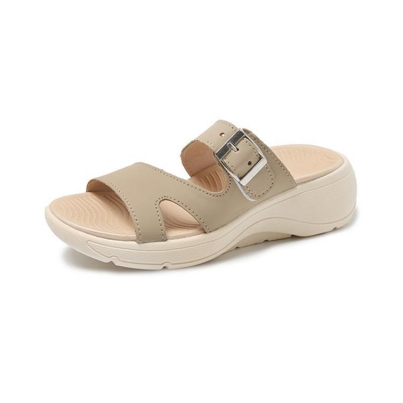 Thick-soled Slippers Women's Summer Simple Round Head Outer Wear Belt Buckle Slope Heel Sandals Casual Soft Bottom One-word