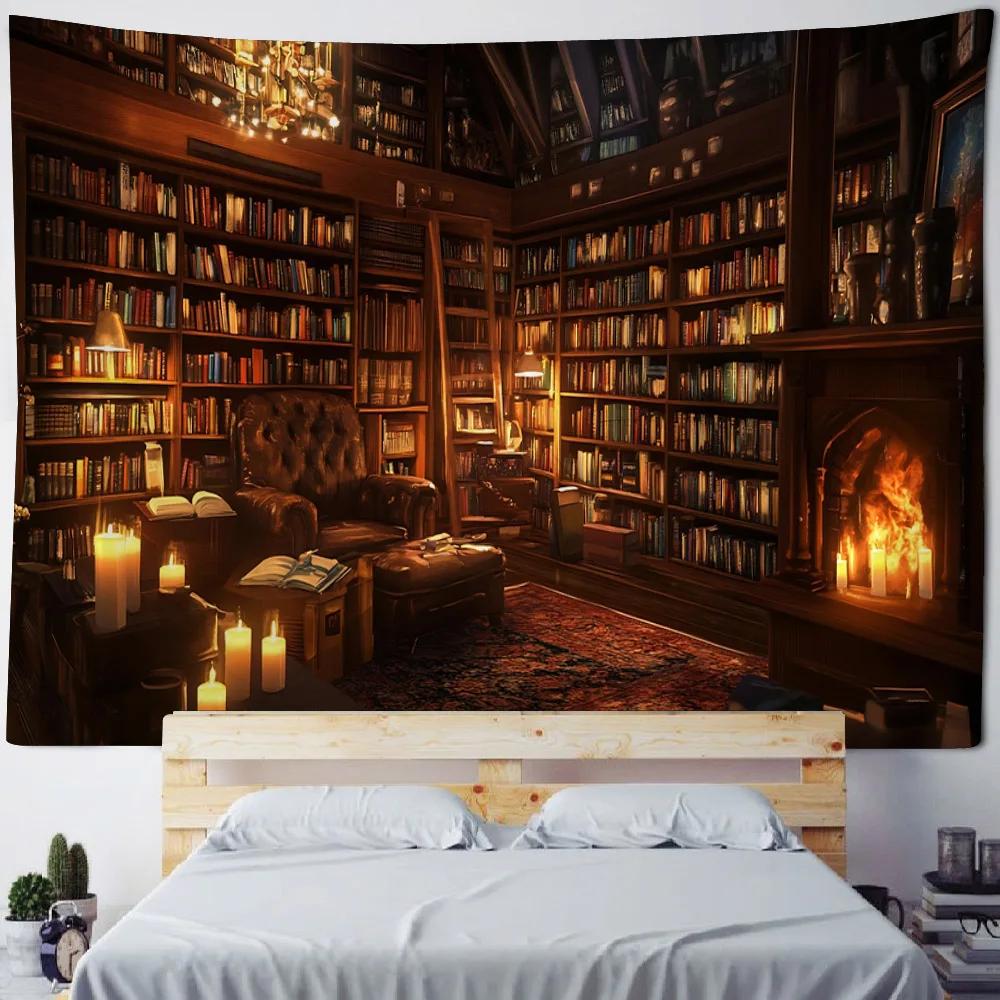 Magic Bookshelf Wall Mounted Tapestry Library, Living Room Background Cloth, Aesthetic Bedroom Decoration, Dreamy Home Decor