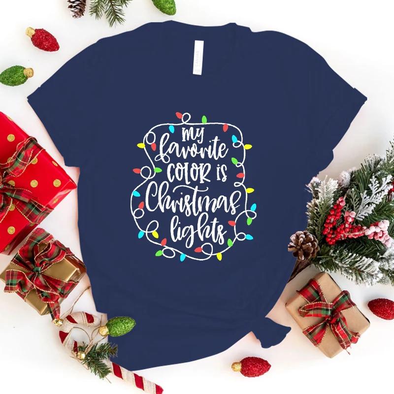 Christmas Lights Print T-Shirt Women Loose Short Sleeve Round Neck Top Female Casual Shirt Tees