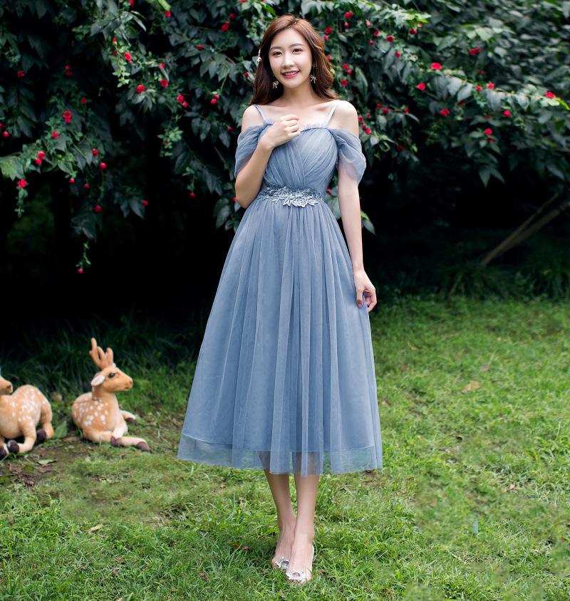 2025 New Off-the-Shoulder Bridesmaid Dress: Mid-Length, Slimming, with Fairy Charm for Special Occasions.