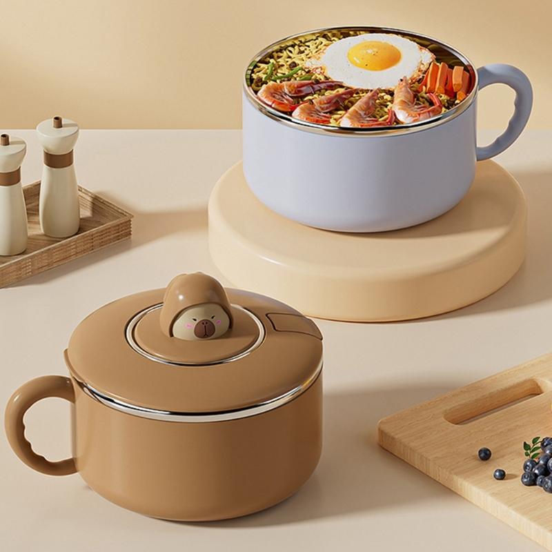 Sealed Soup Container 304 Food Grade Stainless Steels Noodles Bowl with Lid Tableware with Phone Stand for Office Use