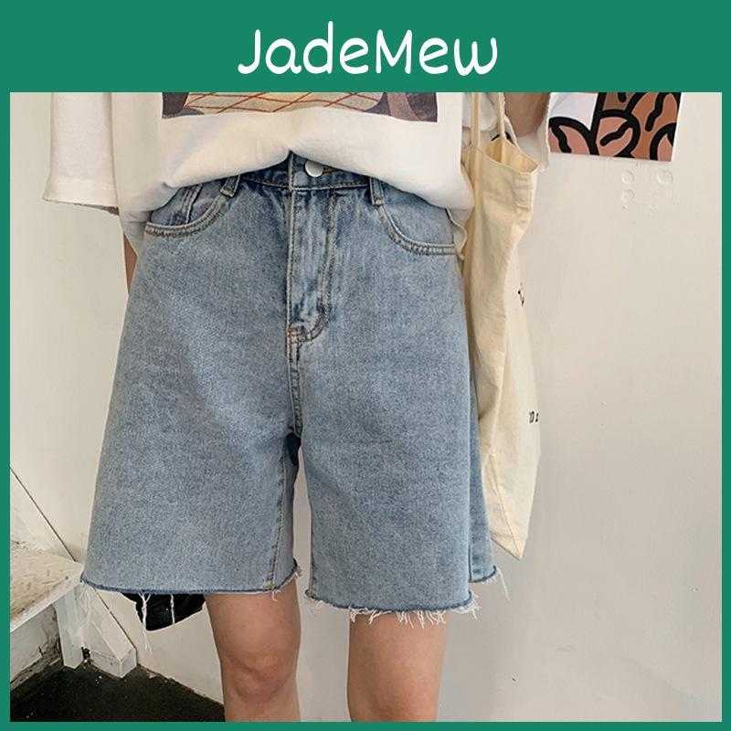Womens Denim Shorts Ripped Summer Fivepoint Pants Loose Straight High Waist Thin Wideleg Pants Female