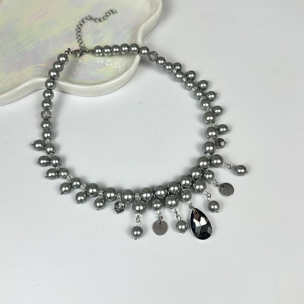 Fashion Water Drop Pendant Neckchain Grey Pearl Women's Clavicle Chain  Women