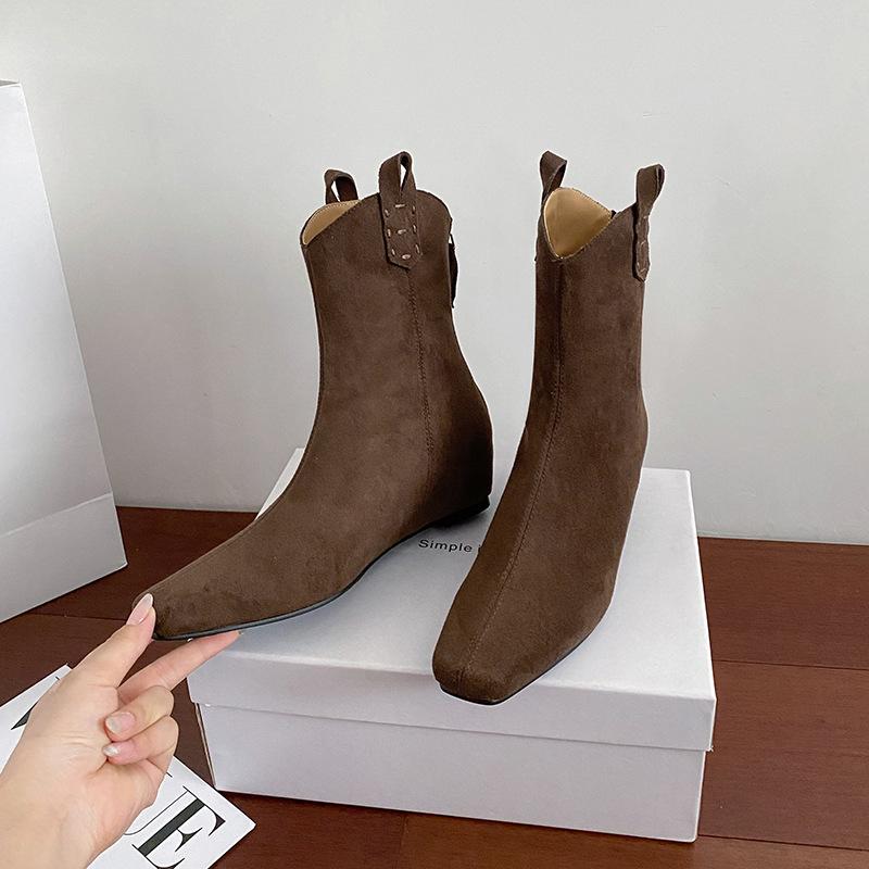 New suede medium boots retro thin boots square head western cowboy boots thick heel inner height increase short boots women