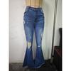 Women Bell Bottom Jeans Elastic Waist Ripped Flared Jean Destroyed Raw Hem Denim Pants